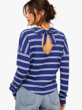 Free People Ardmore Top Blue Striped Mock Neck Keyhole Long Sleeve Medium NWOT